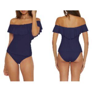 NEW Trina Turk Monaco Ruffle Off-the-Shoulder Tankini Top in Navy Size 10
